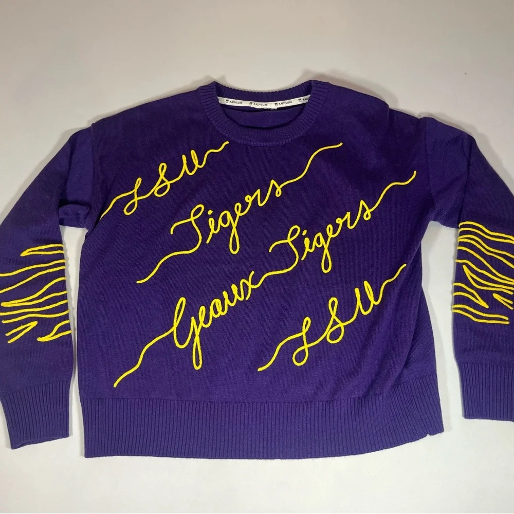 KadyLuxe Women's Purple LSU Tigers Love Note Embroidered Sweater- Small - Picture 6 of 12
